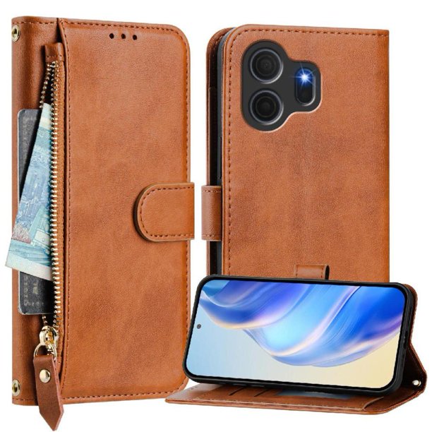 Funda Billetera Cremallera para TCL NxtPaper 70 Pro con Porta Tarjetas, Soporte y Correa Marrón