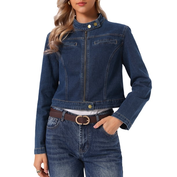 INSPIRA CHIC Chaquetas de Jean para Mujeres con Cremallera Cuello Alto Manga Larga Chaqueta de Mezclilla de Motocicleta M Azul Retro