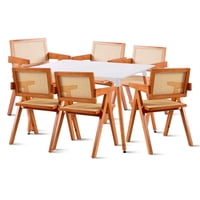 Klik Muebles - Comedor Mesa Rectangular De 120X80 Blanca + 6 Silla Sitial Butaca Chandigarh Madera Rattan Natural