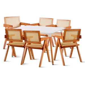 Klik Muebles - Comedor Mesa Rectangular De 120X80 Blanca + 6 Silla Sitial Butaca Chandigarh Madera Rattan Natural