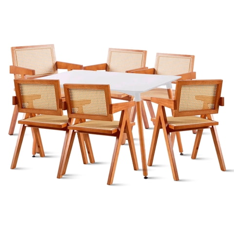 Klik Muebles - Comedor Mesa Rectangular De 120X80 Blanca + 6 Silla Sitial Butaca Chandigarh Madera Rattan Natural