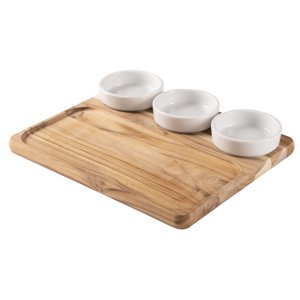 Caja Para Snack Barbacoa Tramontina De Madera Tropical Con 3 Ollas De Porcelana