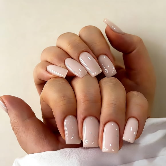 Uñas Postizas JOYVVEW Medianas Cuadradas Nude Brillosas 28 Piezas
