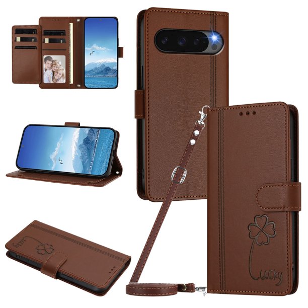 Funda Cartera Trébol para Google Pixel 9 Pro XL 5G con Ranuras Tarjetas y Carga Inalámbrica Marrón