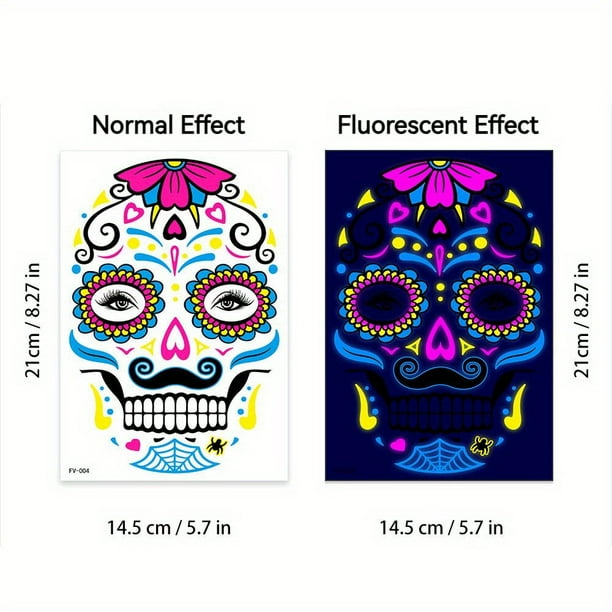 Funny Halloween Death Fluorescent Tattoo Sticker Face Sticker Undead Ghost Day Scar Tattoo Sticker, Temporary Tattoo Sticker The Day Of Dead Halloween Makeup