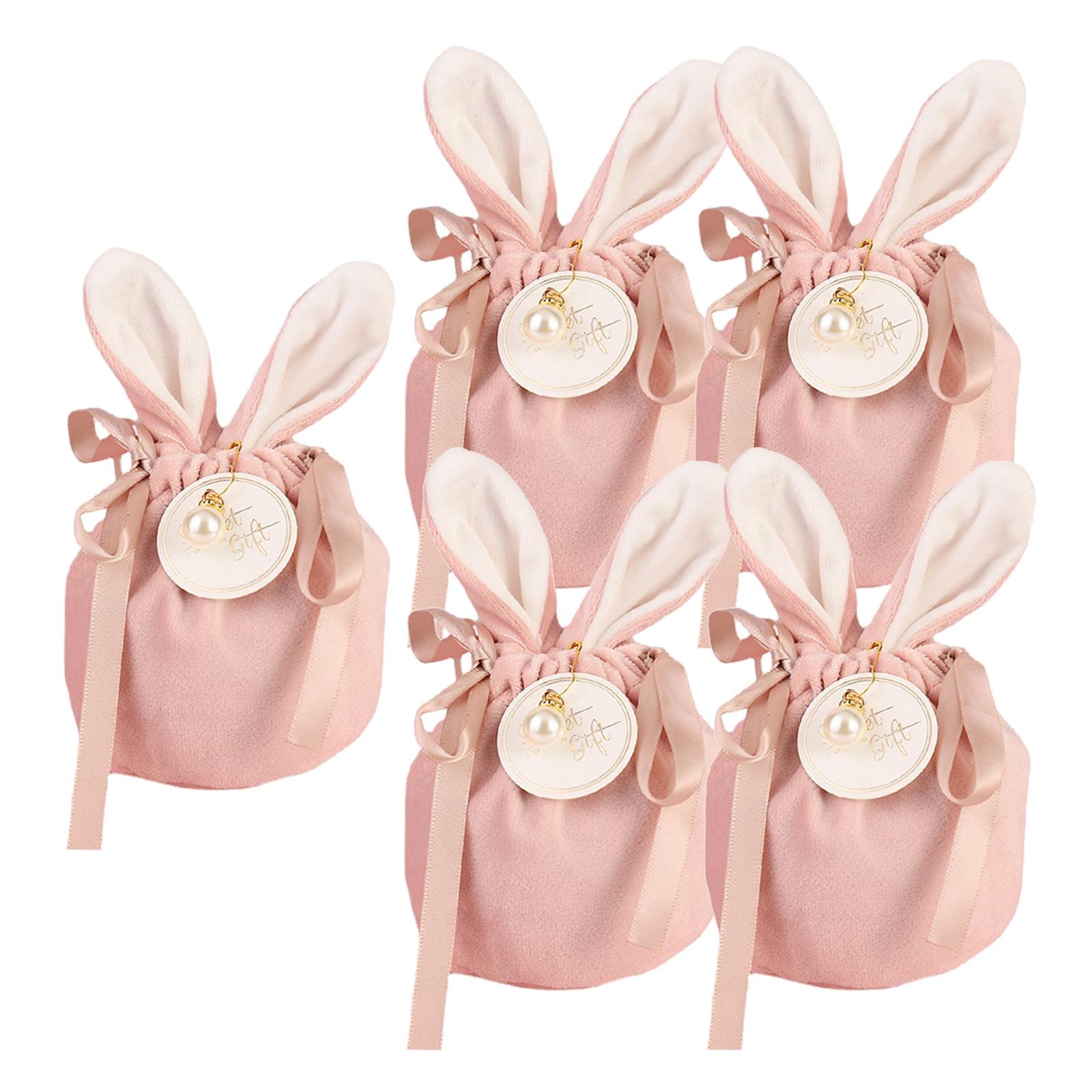 Bothyi - 5 Bolsas De Terciopelo Para Caramelos, Cesta De Huevos, Bolsa De Joyería Con Orejas De Conejo Para Fiesta De Cumpleaños, Color Rosa