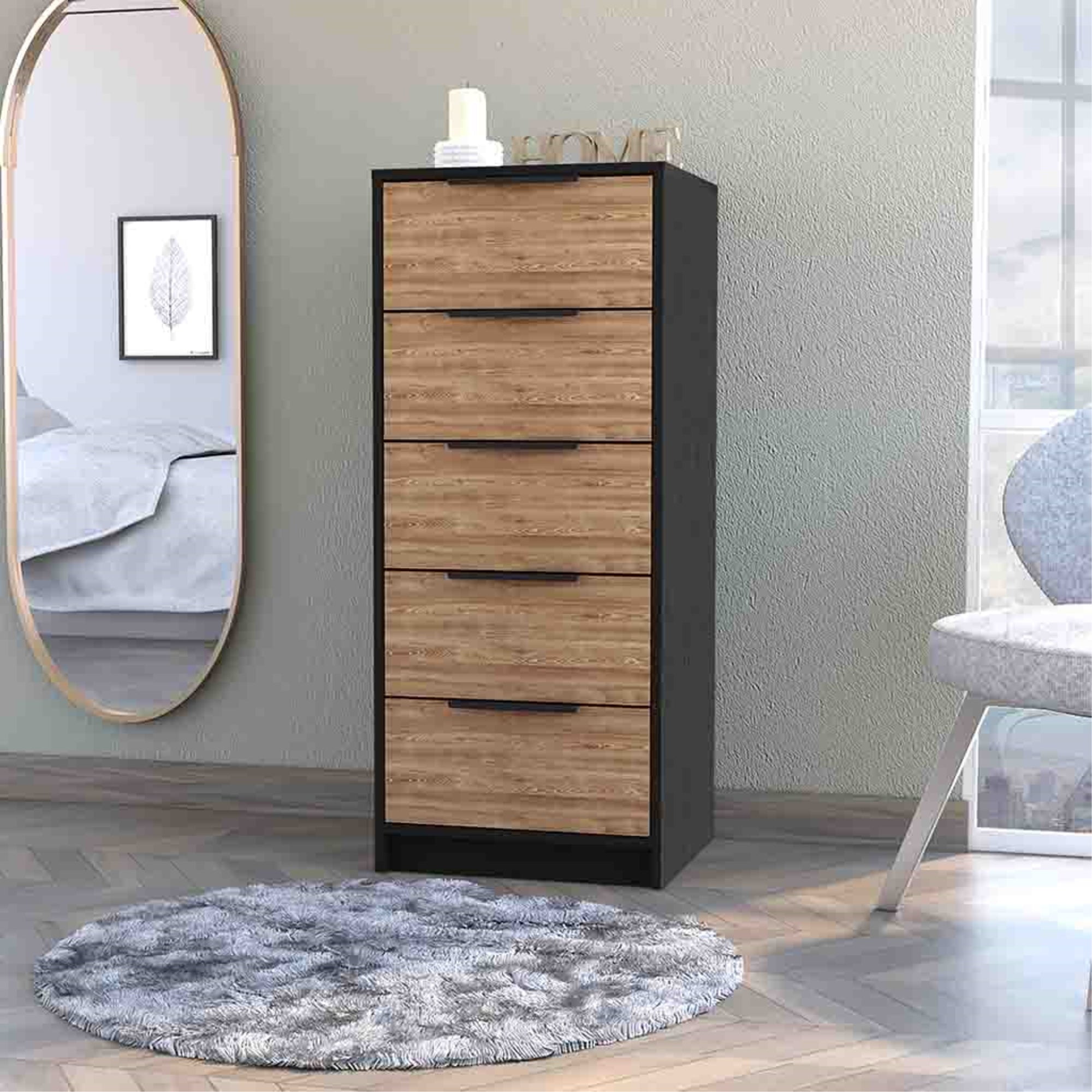 Tuhome - Cómoda Alta Kaia 5 Cajones Wengue Y Miel 107x45x41 Cm