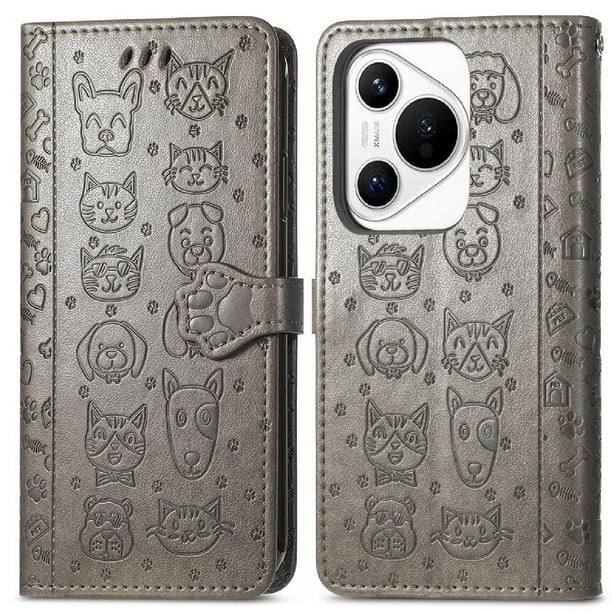 Funda Cartera FOXDOCK para Huawei Pura 70 Pro , Flip PU con Relieve de Gatos y Perros, Tarjetero y Soporte