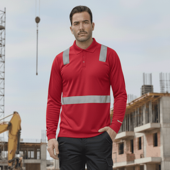 Polera Polo Manga Larga Reflectante Híbrida Cuello Piqué Rojo
