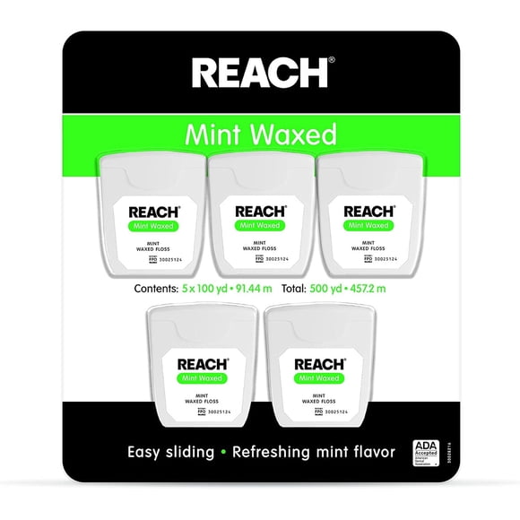 Hilo Dental Reach Encerado con Menta, 5 Unidades de 100 yd
