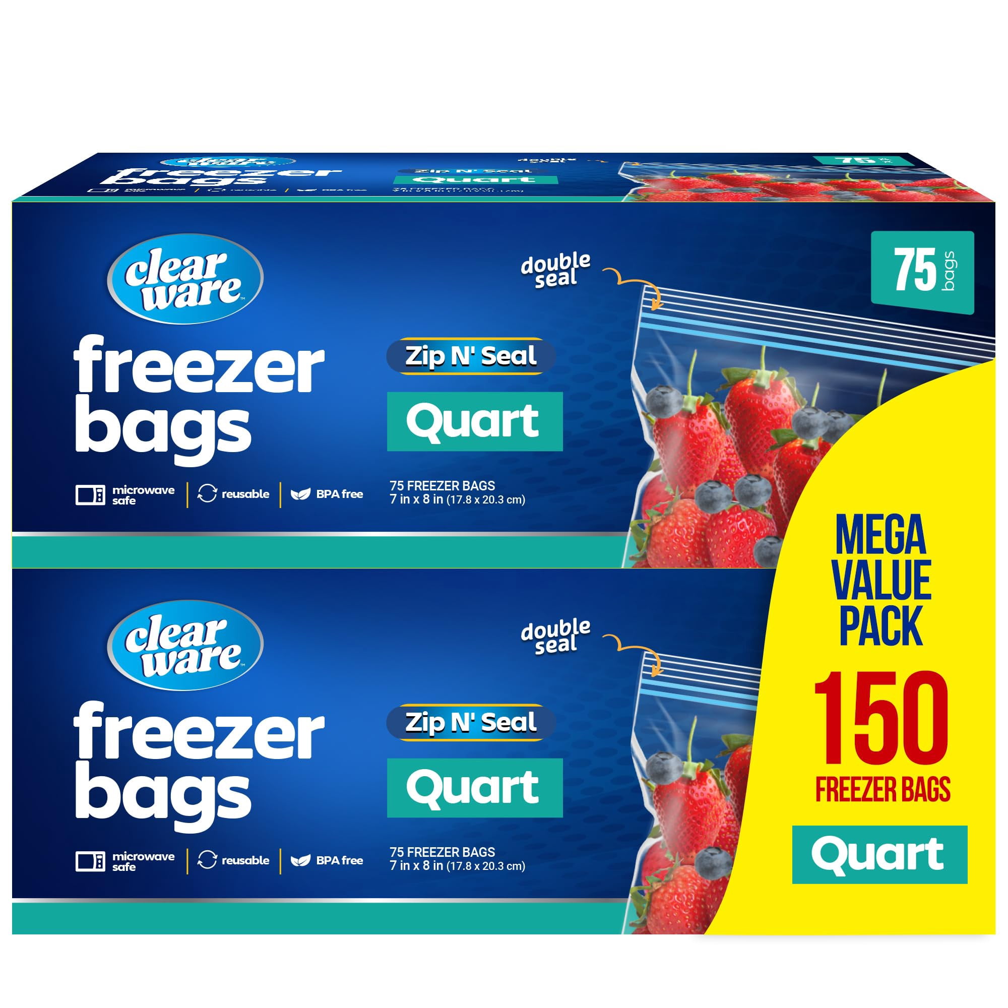 Bolsas Para Congelador Clearware De Un Cuarto De Galón, 150 Unidades (2 Paquetes De 75)