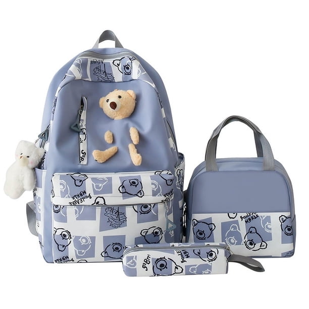 3pcs Kawaii Bear Graffiti Print Backpack, Cute Preppy Schoolbag With Lunch Box Bag And Pencil Case, Student Back To School Supplies