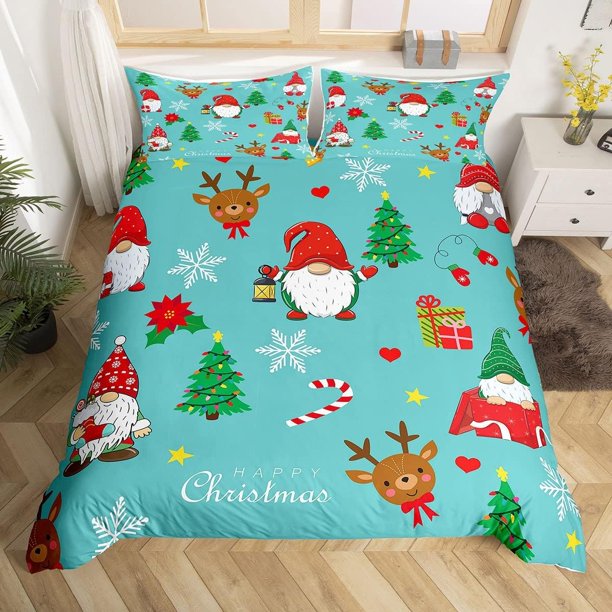Xmas Bedding Sets Scandinavian Christmas Santa Gnomes Comforter Cover Snowing Santa Claus Bedding Sets for Kids Boys Girls Romantic Candlelight Quilt Cover 3 Pieces Queen Size