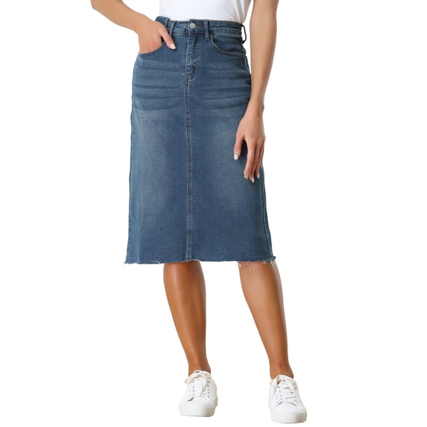 INSPIRE CHIC Falda de Mezclilla de Cintura Alta para Mujer, Falda de Jean hasta la Rodilla con Dobladillo Deshilachado y Bolsillos Azul XS