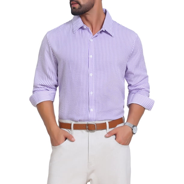 INSPIRE CHIC Camisa de Hombre de Seersucker a Rayas de Manga Larga con Botones y Textura L Púrpura
