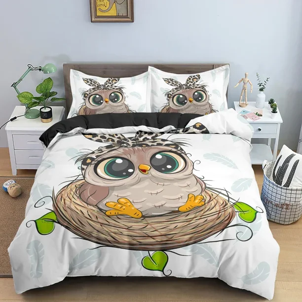x996 Bed SheetsCartoon Owl Bedding Set Cute Animals Duvet Cover For Children Bedroom Comforter Covers With Pillowcase Home Textile 3-Piece Bedding Set (1 Duvet Cover + 2 Pillow Shams) nj996