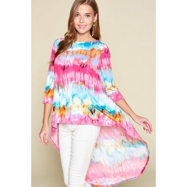 Top Venechia de Corte Alto y Bajo con Efecto Tie-dye y Mangas 3/4