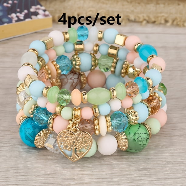Heart Charm Beads Layered Bracelet Set Pompomia Bracelet Charm Vintage Jewelry Valentine's Day Gift