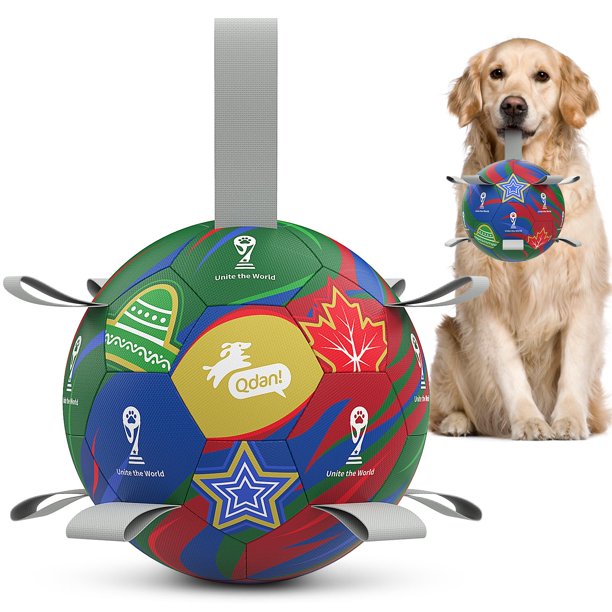 Balón de fútbol para perros QDAN con correas, balón de fútbol de la Copa Mundial de 7 pulgadas para perros, juguete acuático, juguetes de pelota para perros medianos y grandes