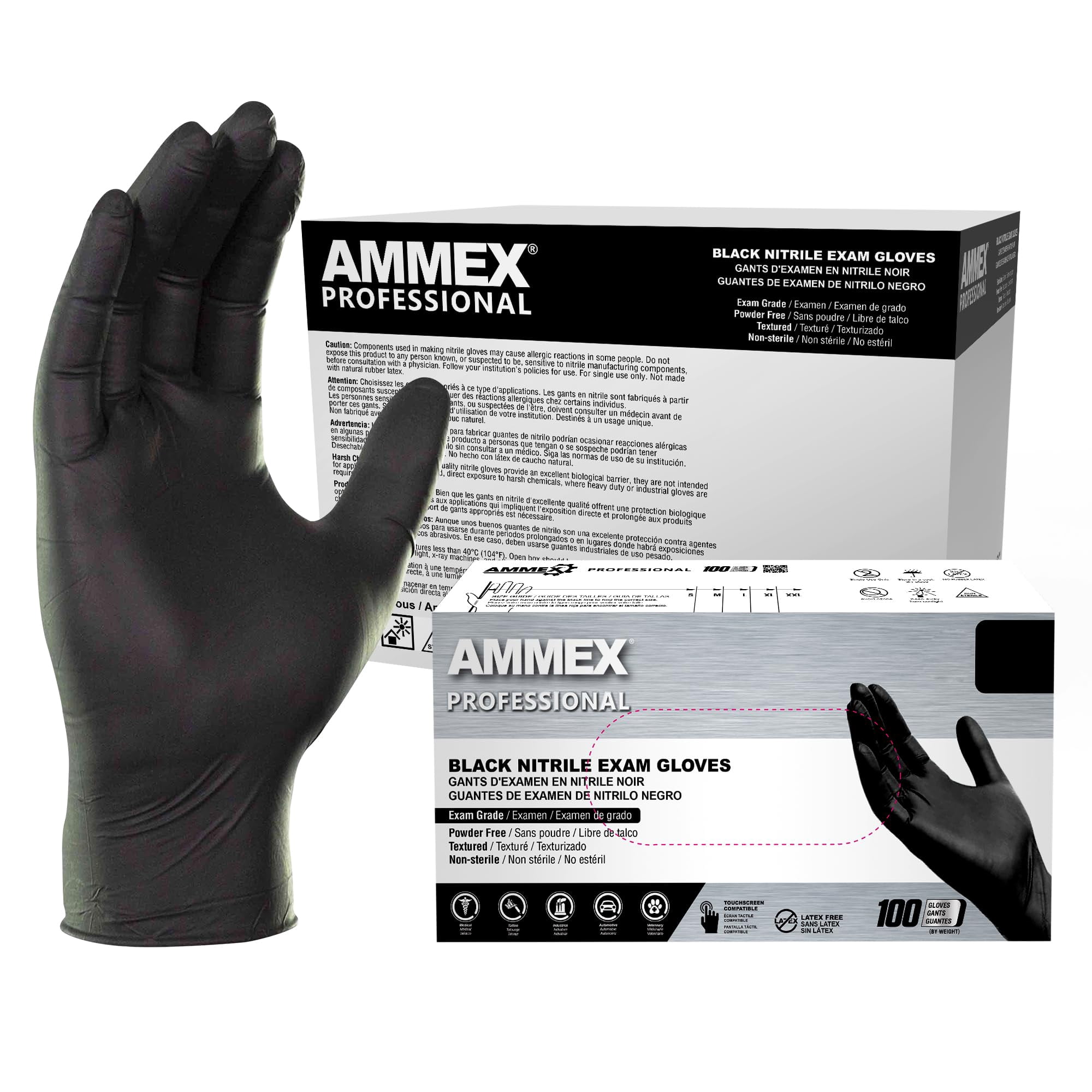Guantes De Examen De Nitrilo Ammex, Negros, 3 Mil, Talla M, Caja De 1000