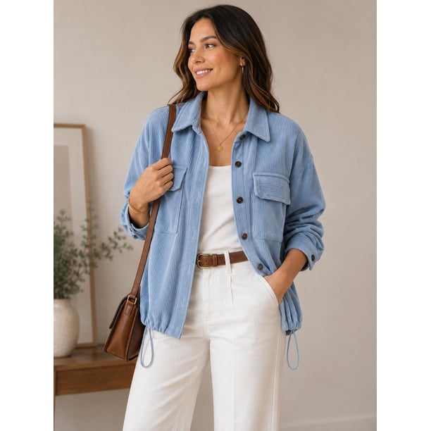 Chaqueta Mujer Cotelé Oversize Con Elástico Ajustable celeste Talla Única