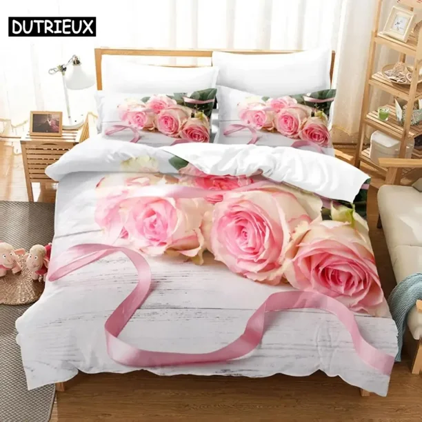 Pink Flower Duvet Cover and Pillowcases Set Double Bed 3D Bedding Sets Pink Quilt Linen Bed Sheets