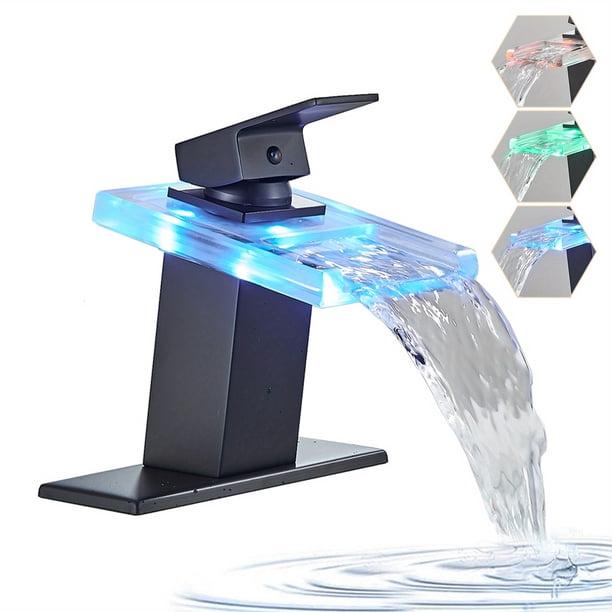 1pc LED Bathroom Sink Faucet, Matte Black Bathroom Faucet, Single Handle Waterfall Glass Spout, Vanity RV Bathroom Faucet, For Sink 1 Hole, With Pop-Up Drain & Supply