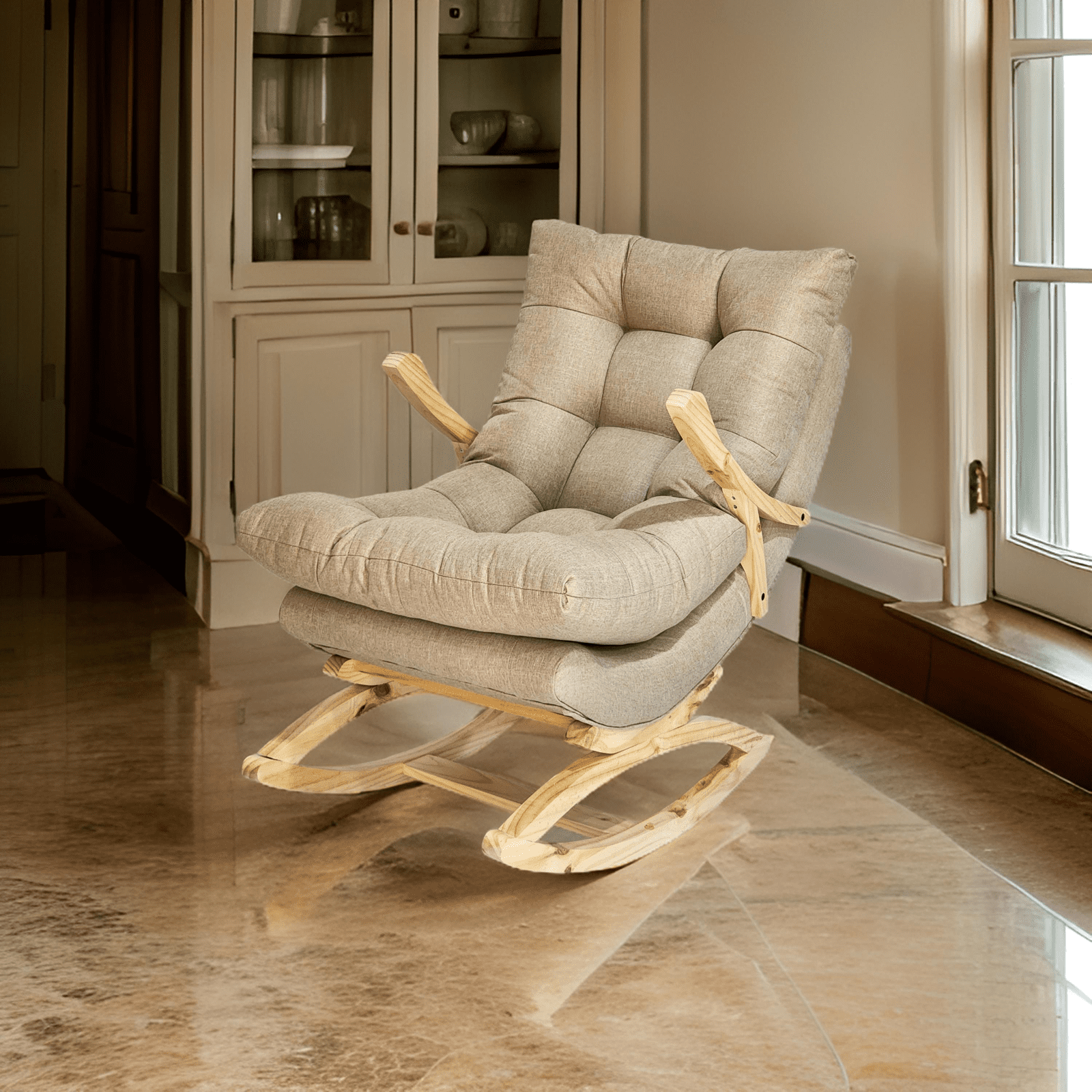 Muebles New - Silla Mecedora Coquette Con Apoya Brazo Beige Lino