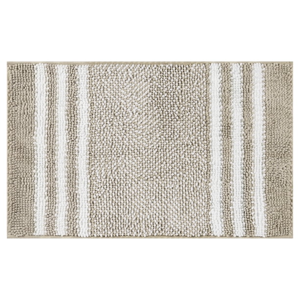 Alfombra de baño de chenilla a rayas REGALWOVEN con bordes, alfombra de piso de baño antideslizante, lavable a máquina, caqui 16" x 24"