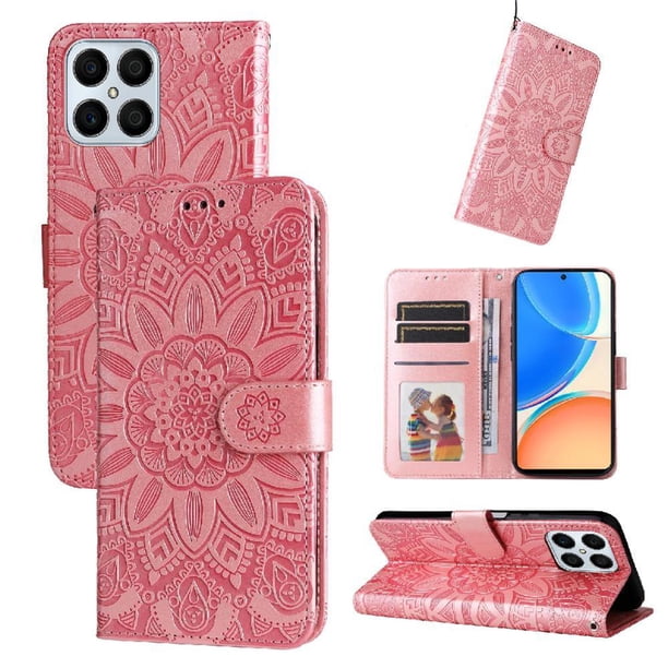 Funda tipo cartera FOXDOCK para Honor X8 4G , diseño girasol en relieve, cuero PU, cierre magnético, soporte y tarjetero