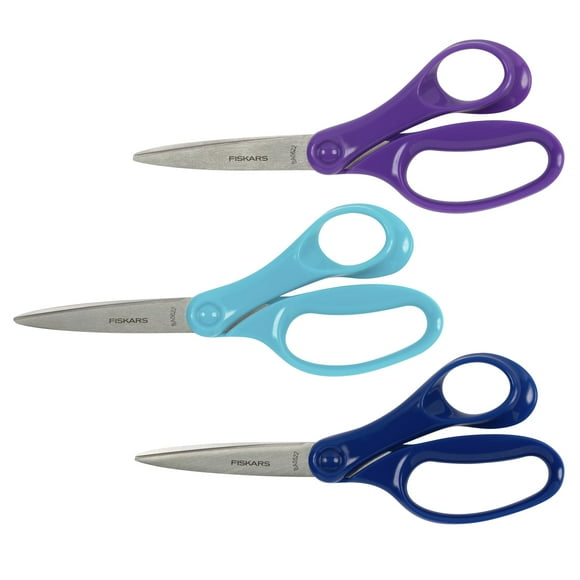 Tijeras Fiskars de 18 cm para estudiantes de 12 a 14 años (paquete de 3), ideales para la escuela o manualidades, útiles escolares, morado, azul y turquesa.