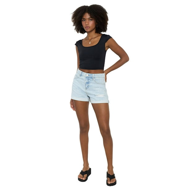 Short Mujer Bota Doblada Roturas Azul Claro Corona