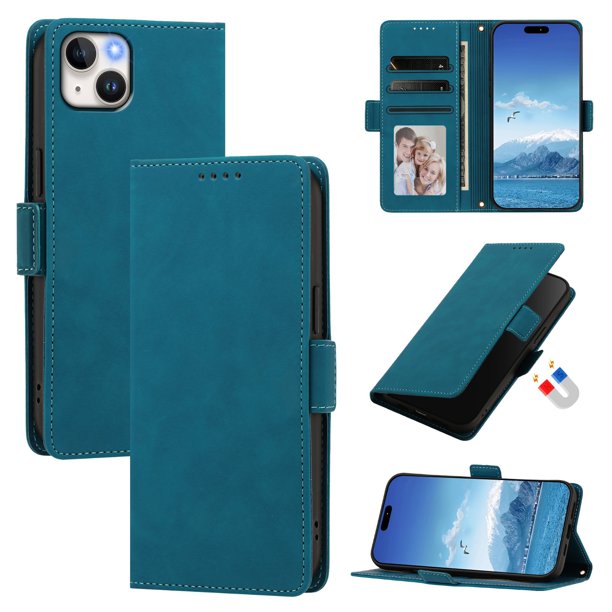 Funda Billetera Delgada para iPhone 14 Plus con Ranuras y Soporte Azul lago