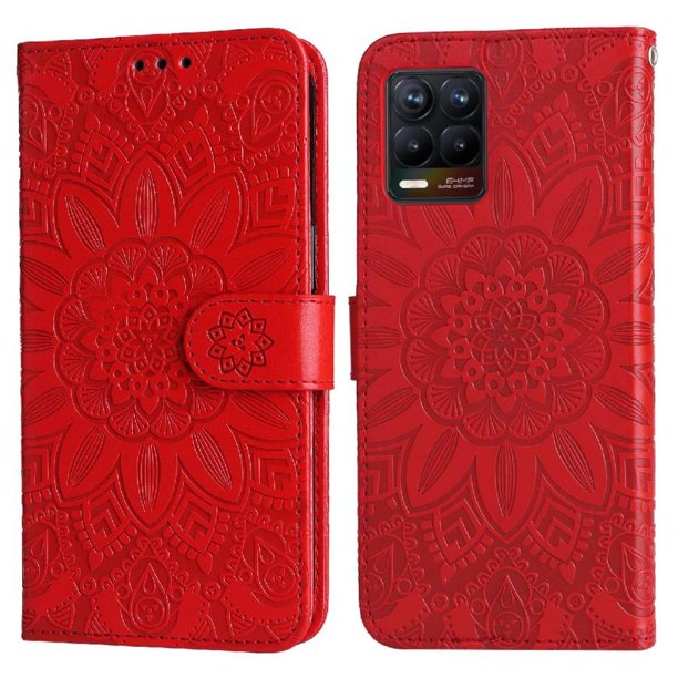 Funda tipo cartera FOXDOCK para Realme 8 4G , diseño girasol en relieve, cuero PU, cierre magnético, soporte y tarjetero