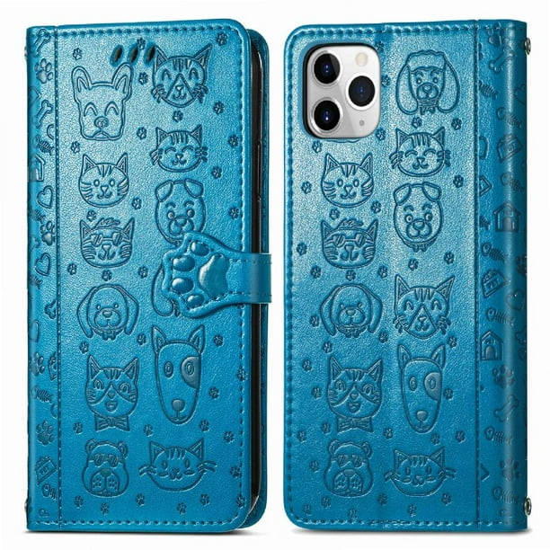 Funda Cartera FOXDOCK para iPhone 11 Pro , Flip PU con Relieve de Gatos y Perros, Tarjetero y Soporte