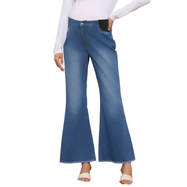 INSPIRE CHIC Pantalones de Maternidad de Mezclilla para Mujeres, Corte de Bota Acampanada, Elásticos, Tiro Medio, Dobladillo Deshilachado, Pantalones de Embarazo Jeggings M Azul