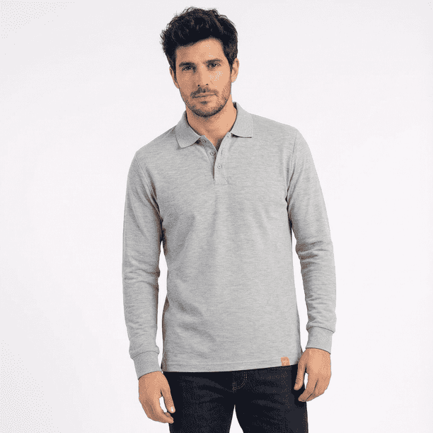 Polera Hombre Piqué Manga Larga Premium 60/40 Ideal Para Bordar Gris