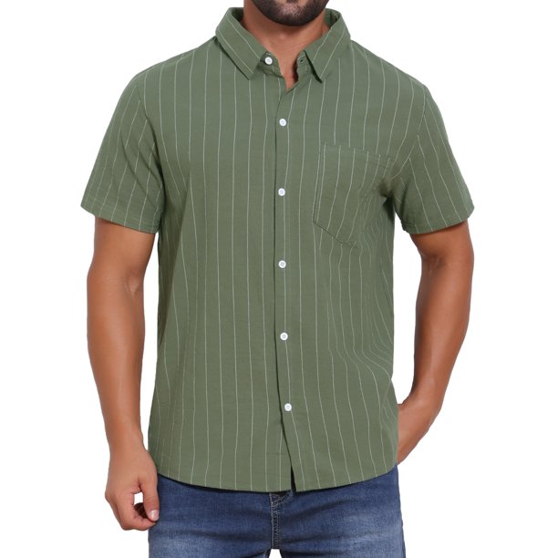 INSPIRE CHIC Camisas de Regreso a Clases para Hombre Cuello de Punta Manga Corta Botón Abajo Camisas Casuales de Rayas de Lino con Bolsillos XL Verde Oliva