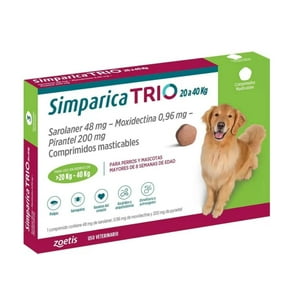 Zoetis - Simparica Trio Antiparasitario Interno Y Externo 20 A 40 Kg 3 Comp