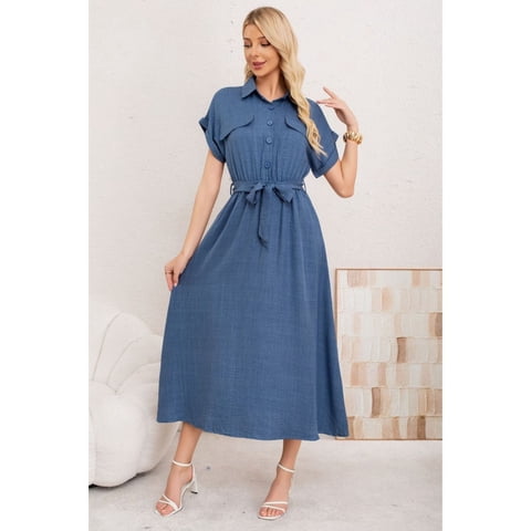 Likeshop - Maxi Vestido Largo Mujer Tela Tipo Jeans Con Mangas Premium 3373