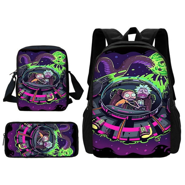 3 pcs set Funny M-mortys Cartoon R-ricks School Bag For Boy Girls with Shoulder Bags Pencil box Cartoon Backpack for Child
