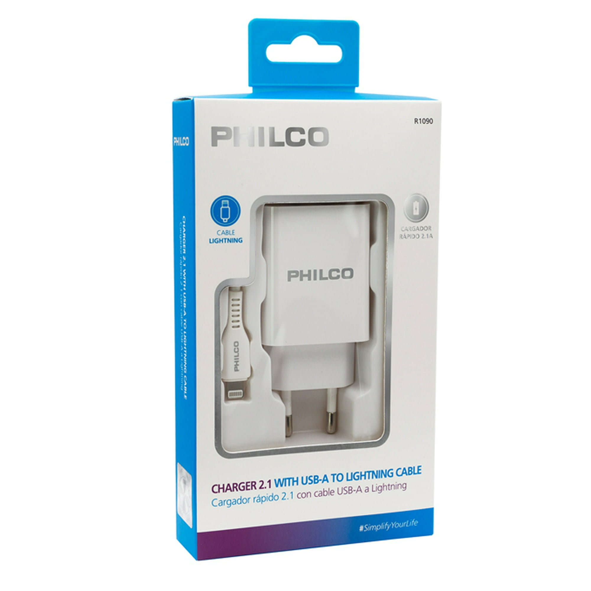 Philco - Cargador De Pared 2.1 A Doble Usb C/cable Iphone Blanco