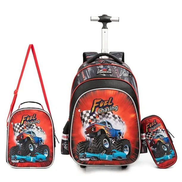 Children's Wheeled Backpack Girls School Backpack Rolling Luggage Backpack Boys School Trolley Bag Set Lunch Bag and Pencil Case