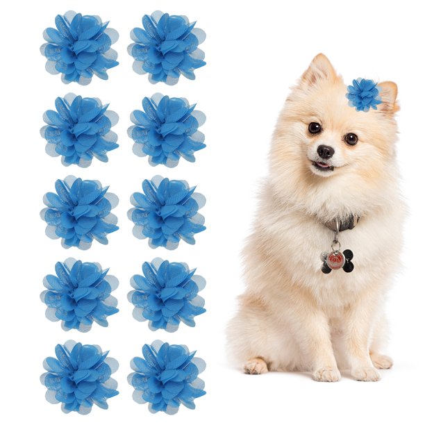 Uxcell Lazos de Flores para el Pelo de Perro, Collar de Flores Lindo para Mascotas con Clips de Gasa Suave, (Azul, 10 Piezas)