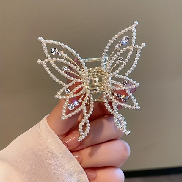 Elegant Faux Pearl Tassel Butterfly Hair Claw Clip with Strong Hold Grip for Thick Hair - Non-Slip Hair Jaw Clip for Women