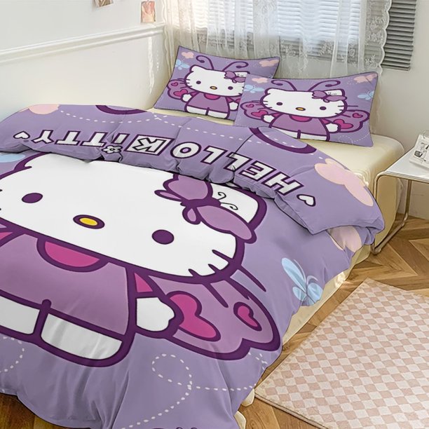 Cartoon Hello Kitty Friend Gir Bedding Set for Kids 3 Piece Bedding with 1 Flat Sheet And 2 Pillowcases King Bed Sheets