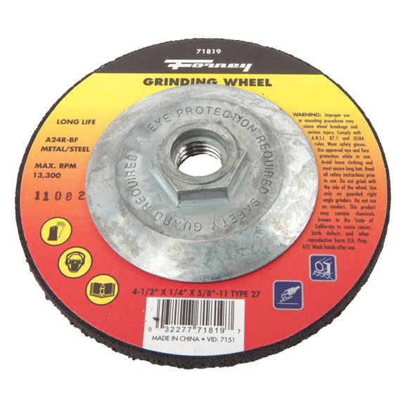 Disco de esmeril Forney 71819 con eje roscado de 5/8" y 11 hilos, Tipo 27, 11,4 cm