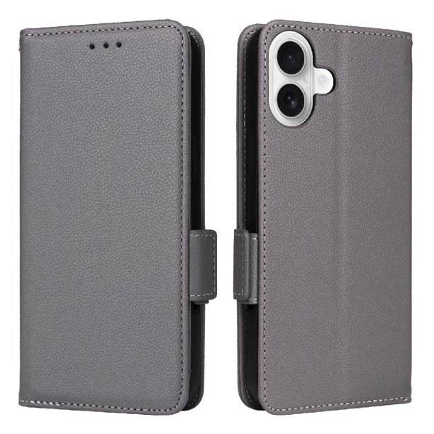 Funda Cartera para iPhone 16 Tapa Flip con Ranuras y Soporte Gris