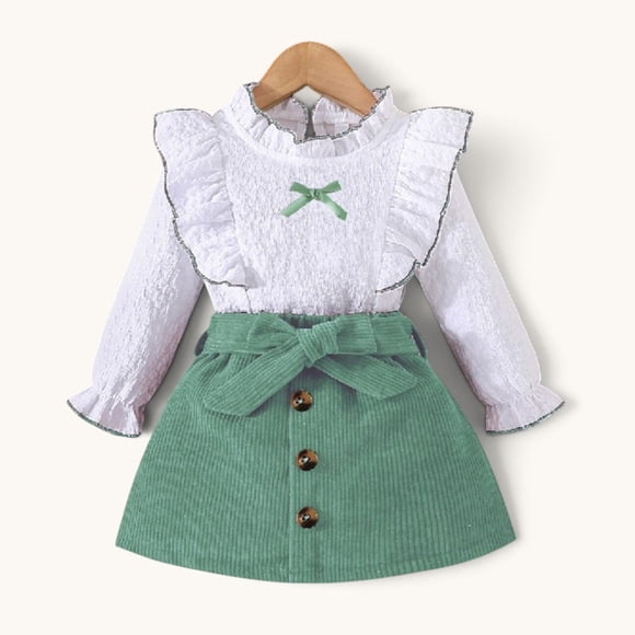 Conjunto De Polera Manga Larga + Falda Y Cinturon Cotele Para Niñas Primavera Verano