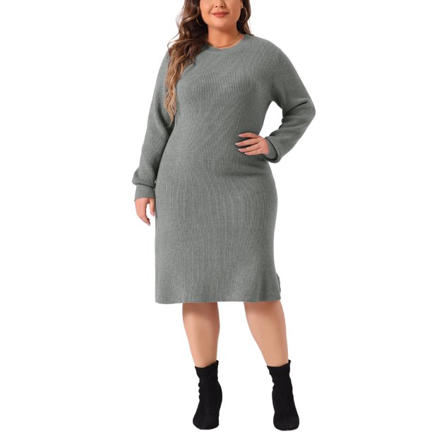 Agnes Orinda Disfraces de Halloween Vestido Suéter para Mujer de Talla Grande Cuello Redondo Manga Larga Tejido de Punto Vestidos Suéter de Otoño Invierno 2X Gris